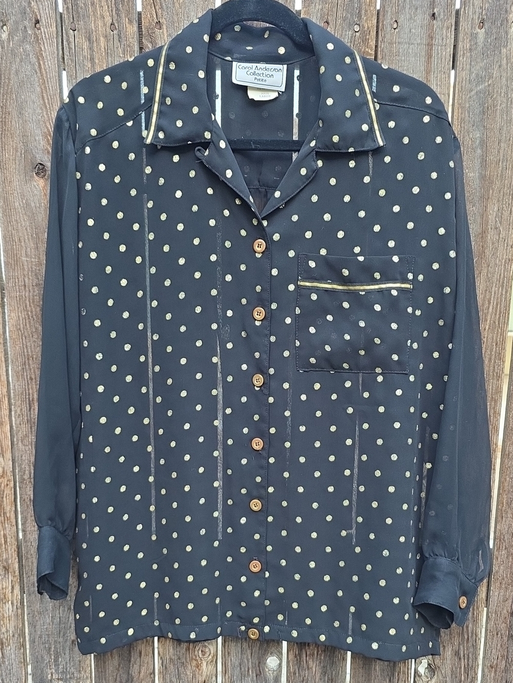 Carol Anderson Collection Black Sheer Button-Down Blouse Gold Dot Trim Vintage